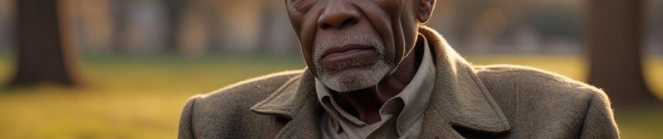 An older person walking alone down a quiet path in a park, surrounded by trees. The scene is peaceful but slightly melancholic, with golden light filtering through the leaves. They wear a neutral coat and look thoughtful. The image conveys a sense of quiet solitude and emotional distance. Nearby, people are in small groups talking, but the person walks unnoticed. The mood reflects the theme of feeling invisible in a crowd and the quiet ache of loneliness.